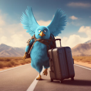 Illustration de l'oiseau du logo Twitter prenant la route avec sa valise.